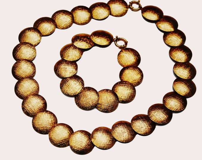 Gold disk Necklace Bracelet set - Brushed golden round Links - collar necklace