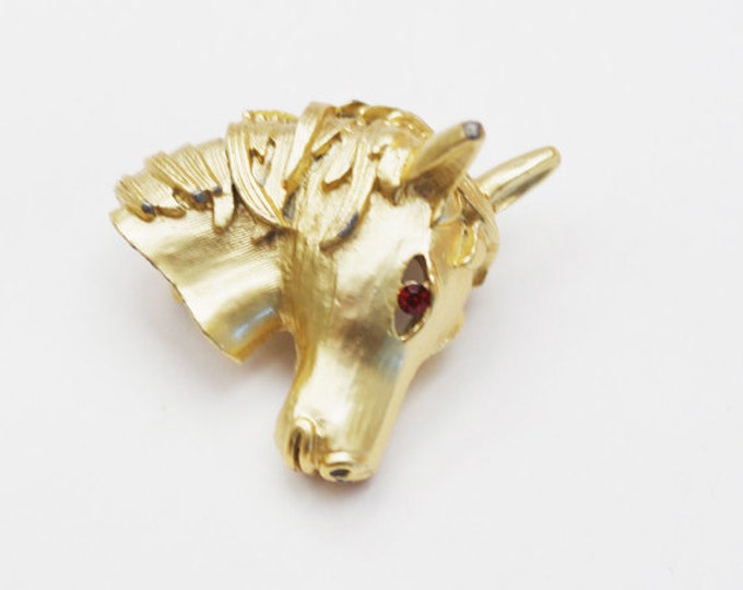 Gold Horse Head Brooch - Red rhinestone eye - Figurine - Equestrian pin