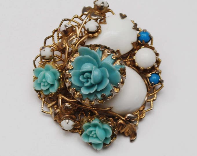 Blue Celluloid Flower brooch - White milk glass - Cluster cabochon pin - gold filigree