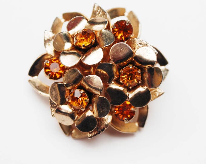 Coro Rhinestone Brooch - Amber orange Glass - Layerd domed - Flower Floral - Atomic - mid Century pin