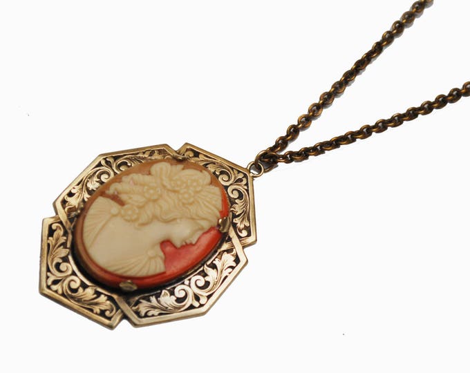 Cameo Necklace - cream white orange resin - women profile - Brass gold - Victorian Revival