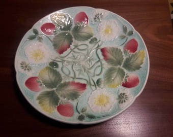 French Majolica Art Nouveau Earthenware Plate - Features strawberries, strawberry leaves and strawberry flowers - Unmarked Keller & Guerin?