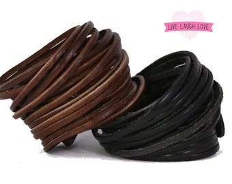Genuine Leather Wrap Bracelet. Multi-strand Real Leather Cuff. Stacked Sliced Leather Bangle Bracelets Wide Double Wrap Bracelets B001A
