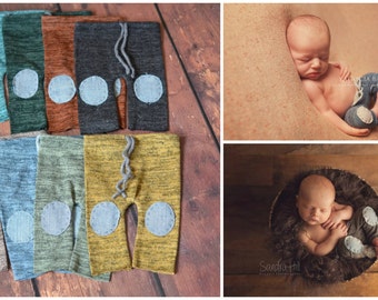 Boy's pants - knit stretch fabric with jean patches Newborn photography prop - choose from 8 colors rustic