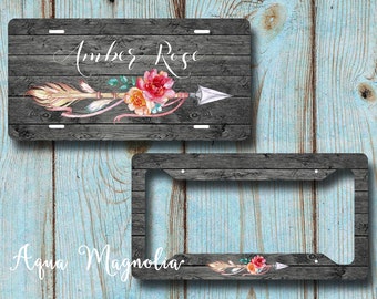 Floral Tribal Arrow License Plate - Rustic Dark Weathered Wood - License Plate Frame - Personalized - License Plate Set - Monogrammed