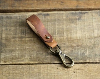 Leather Key Chain Belt Snap // Horween Leather in English Tan // Brown Leather Key Holder // Antique Brass Hardware // Custom Monogram