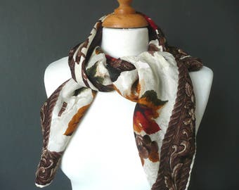 Vintage silk scarf - Bill Blass silk scarf - silk moire scarf - silk bird print scarf - floral silk scarf - brown and gold silk scarf