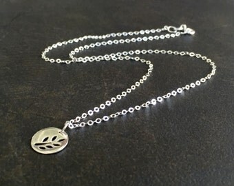 Silver Leaf Necklace, Sterling Silver, Dainty Silver, Cutout Leaf Pendant, Silver Disk Necklace, Minimalist Jewelry, Layering Necklace 1369
