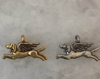 Angel Dog Charm, 3-D, Gold OR Silver Pewter, Puppy, Lead Free