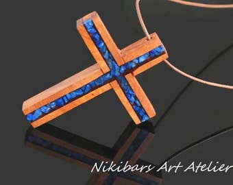 Wood Lapis Lazuli Cross Necklace - Wood Boho Cross Necklace - Lapis Lazuli Cross Necklace - Man Cross Necklace - Gift For Man- Wood Cross