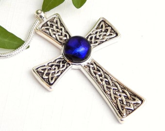 Celtic Cross Pendant - Blue Dichroic Glass Necklace - Fused Glass Jewelry