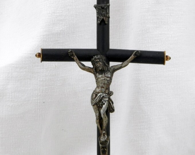 Antique French Black Wooden and Silver Plated Cross / Crucifix, Catholic, Christian, Church, Religion, Religious, Jesus, Vintage, Retro