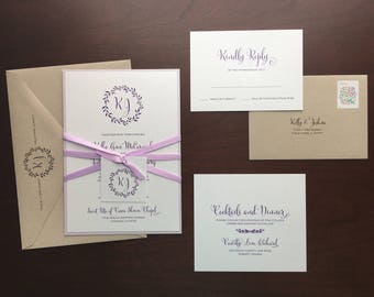 Romatic Rustic Floral Wreath Monogram Thermography Wedding Invitation