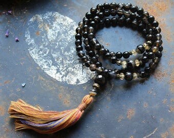 Beautiful black/brown agate gemstone mala necklace