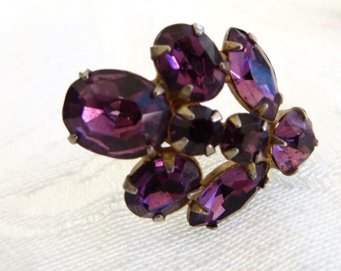 Amethyst Glass Earrings, Vintage Screw Back, Purple Rhinestone Earrings, 1950s