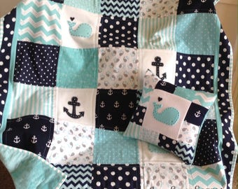 Nautical Baby quilt/Aqua Navy and White/HANDMADE in USA/Pillow Sold Seperately
