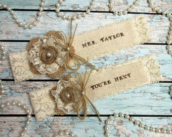 Personalized Burlap Country Chic Wedding Garter Set,Rustic Keepsake & Toss Wedding Garter Set,Wedding Garters