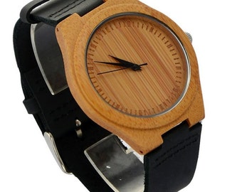 Natural Bamboo Wooden Watch with Genuine Black Leather-Free engraving