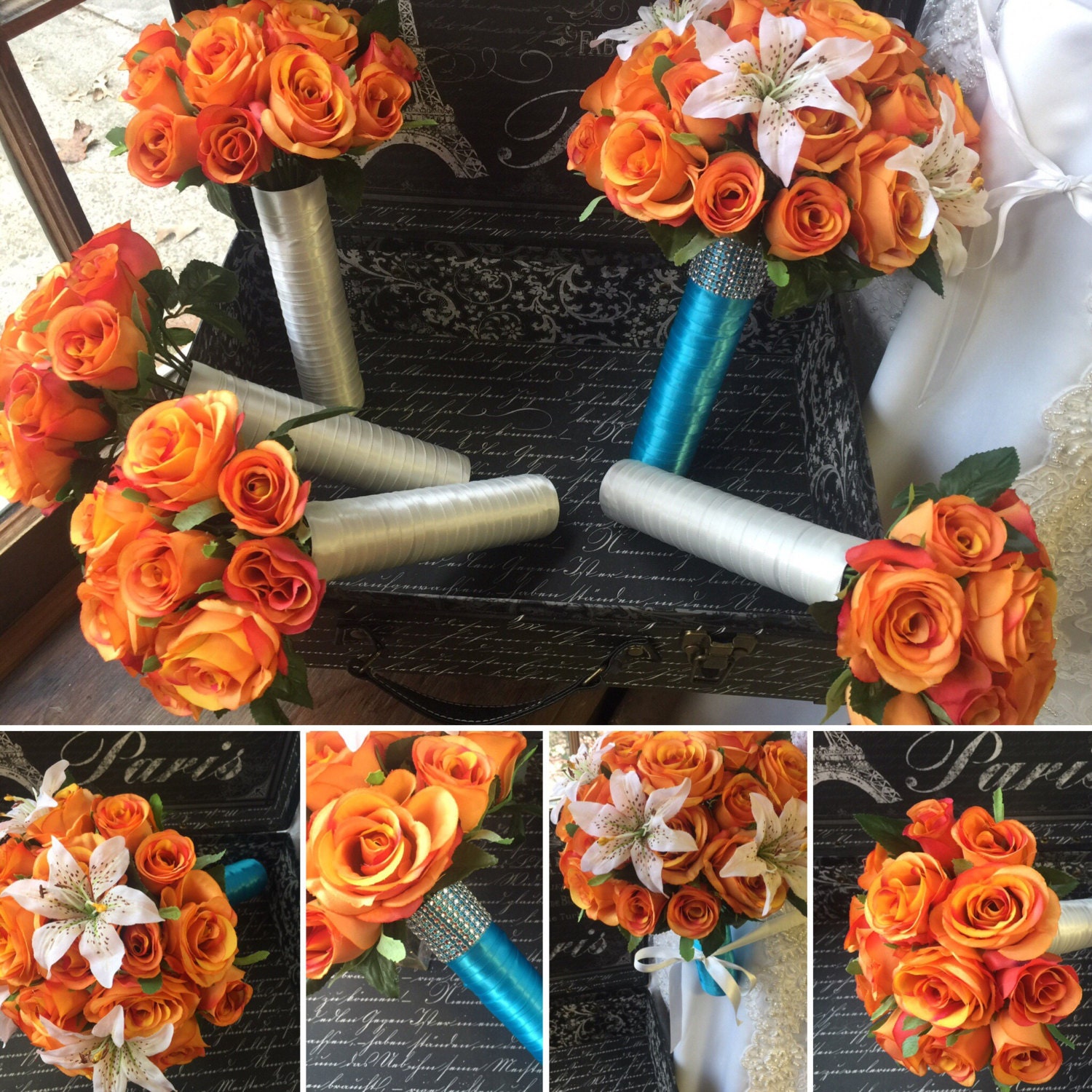 Orange Rose Bouquet 5 piece Wedding Bouquet Set Orange