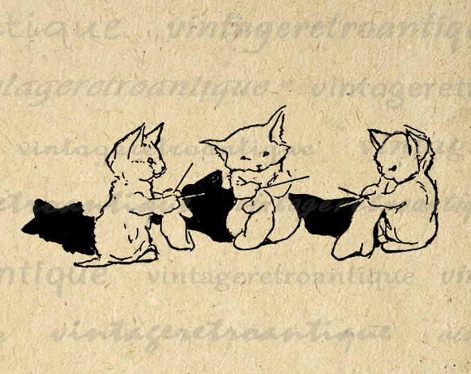 Printable Image Knitting Kittens Digital Cute Cat Graphic Illustration Download Vintage Clip Art Jpg Png Eps HQ 300dpi No.1868