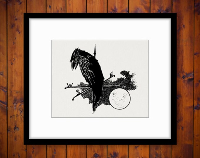 Raven Bird on Weathervain with Moon Digital Printable Download Image Graphic Vintage Clip Art Jpg Png Eps HQ 300dpi No.3565