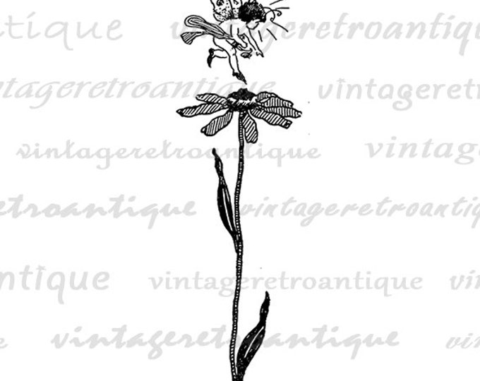 Printable Graphic Fairy Landing on Flower Digital Download Fairy Illustration Image Vintage Clip Art Jpg Png Eps HQ 300dpi No.2432