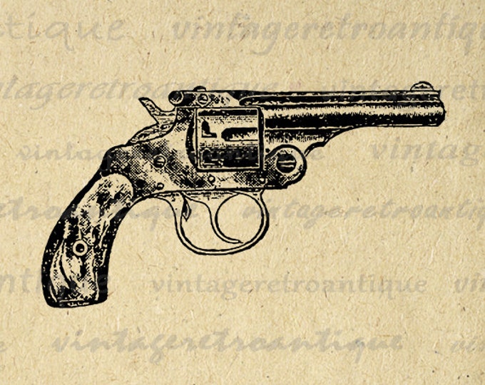 Printable Digital Antique Pistol Revolver Download Gun Illustration Graphic Image Vintage Clip Art Jpg Png Eps HQ 300dpi No.1677