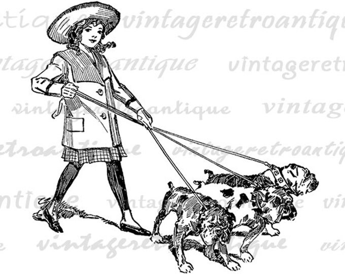 Digital Girl with Bulldogs Printable Image Download Graphic Vintage Clip Art Jpg Png Eps HQ 300dpi No.1163