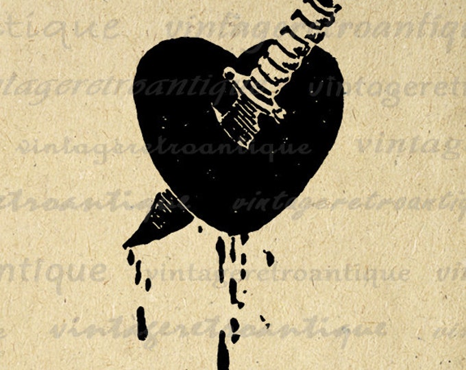 Digital Printable Heart with Knife Download Love Graphic Broken Romance Image Vintage Clip Art Jpg Png Eps HQ 300dpi No.909