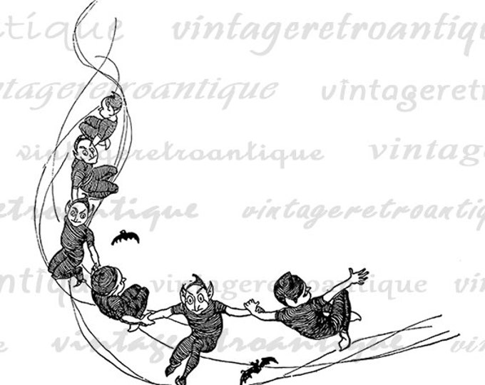 Bats and Imps Graphic Image Download Halloween Digital Printable Antique Clip Art Jpg Png Eps HQ 300dpi No.1618