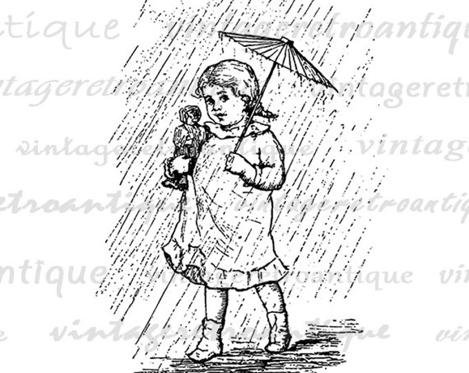 Digital Little Girl with Umbrella in Rain Graphic Printable Illustrated Image Download Antique Clip Art Jpg Png Eps HQ 300dpi No.3062