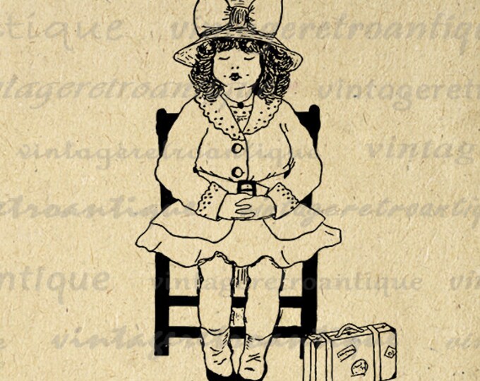 Little Girl with Suitcase Image Digital Printable Old Fashioned Travel Download Graphic Antique Clip Art Jpg Png Eps HQ 300dpi No.3533