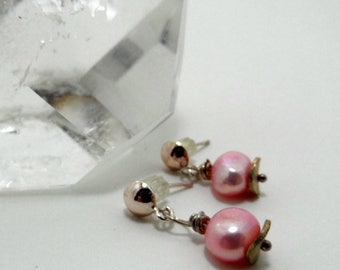 vintage pink freshwater pearl earrings, sterling silver posts