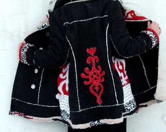 M-XL Fantasy appliqued artificial sheepskin coat jacket with hood hippie boho folk style