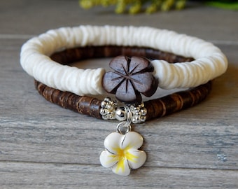 Heishi Shell Bracelet, Plumeria Bracelet, Coconut Bracelet, Tropical Bracelet, Beach Bracelet, Flower Bracelet, Nature Inspired Bracelet