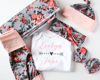 Baby Girl Coming Home Outfit: CHOOSE COMBO Personalized Name Bodysuit, Floral Leggings or Shorts, Headband, Hat, Swaddle, Mittens