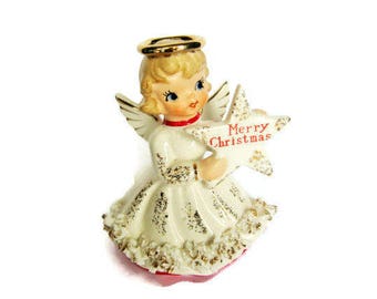 Vintage Holt Howard Star ANGEL Merry Christmas Candle Holder Porcelain Figurine Ornament Decoration Japan HTF Spaghetti trim Figure