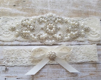 SALE - Wedding Garter, Bridal Garter, Garter Set - Crystal Rhinestone & Pearls - Style G8001IVO