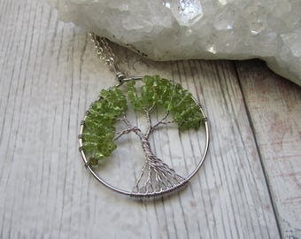 Peridot Gemstone Tree Of Life Pendant Necklace- Silver Plated Green