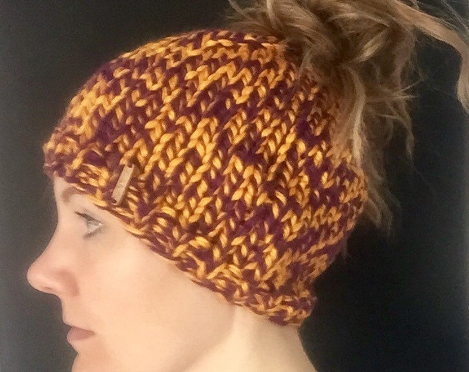 Purple and Gold Messy Bun Hat, Plum and Golden Yellow Bun Beanie, Team Spirit Pony Tail Hat, Pony Tail Beanie Vikings, Camels,