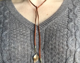 Deerskin Lace Cord Choker with Natural Brass Leaf Accents