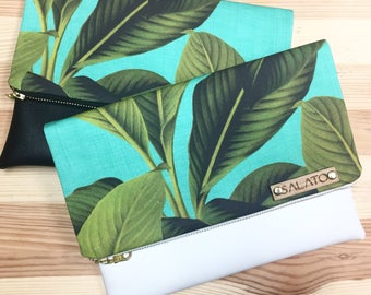 Leather Clutch, Palm Leaf Print, Canvas and Leather Clutch, faux leather bag, Leather Bag, Leather Purse, Handbag,