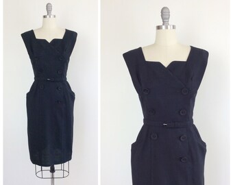 50s Black Linen Double Breasted Wiggle Dress / 1950s Vintage Hourglass Dress / Large / Size 10