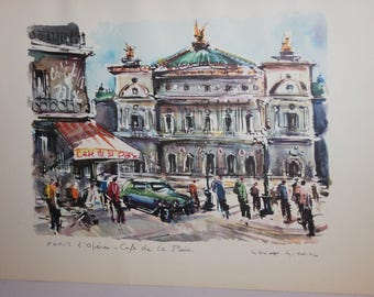 Art print, Marius Girard, French cafe scene with L'Opera in Paris