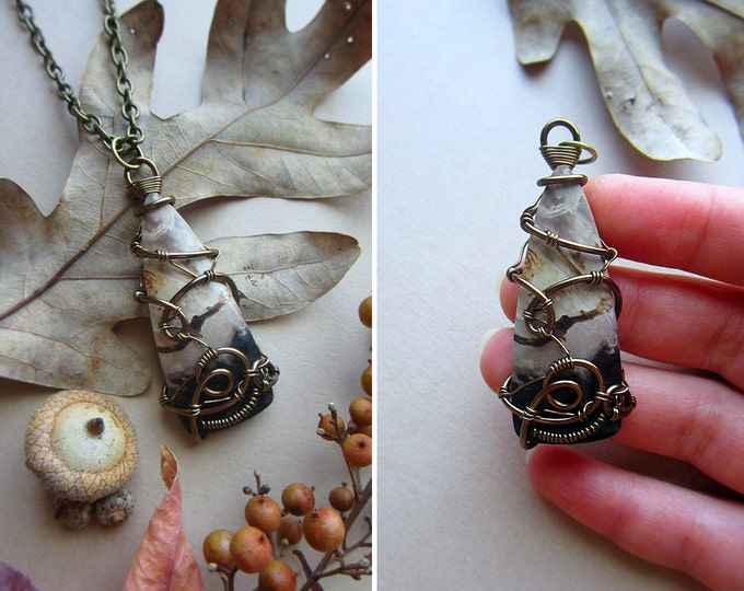 Wire wrapped necklace "Earth" with gorgeous petrified wood pendant. Custom length chain.