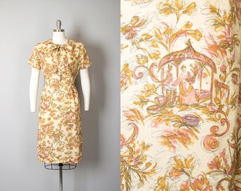 Early 1950s Unlabeled Taupe Ribbon Tape and Net Sheat Dress & Belt