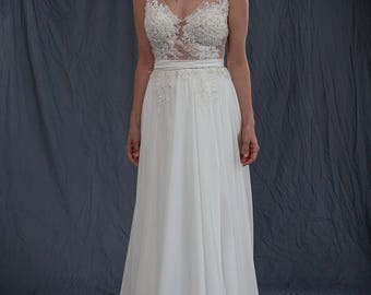lace bohemian wedding dress, boho chiffon lace wedding dress, flowing light casual wedding dress, open back fairy wedding dress