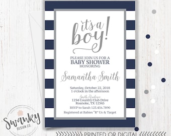 Navy and Gray Baby Shower Invitations, Boy Baby Shower Invitation, It's a Boy, Navy and Gray Invitation, Navy Stripe Baby Shower Invitation