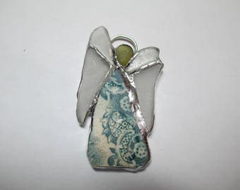 Sea glass angel, Pottery and sea glass angel, Angel sun catcher, Angel ornament, Sea glass ornament,Beach glass angel, Angel, Sea glass art