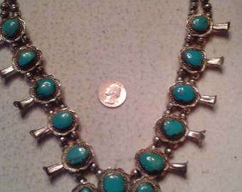 Vintage Navajo Native American Indian Squash Blossom Necklace, Sterling Silver, CANDELARIA Turquoise, HUGE, Old Dead Pawn, Beyond Gorgeous